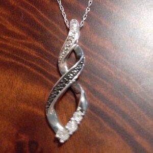 Black & White Diamond Accent Twist Flame Pendant & Chain in Sterling Silver